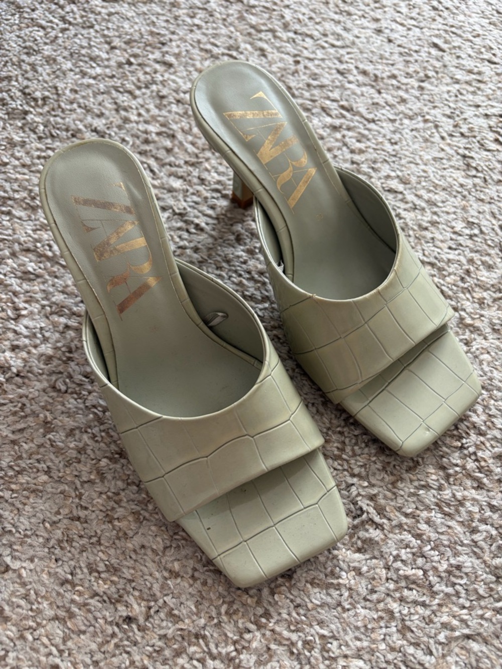 Zara Light Sage Croc-Embossed Square Toe Mules